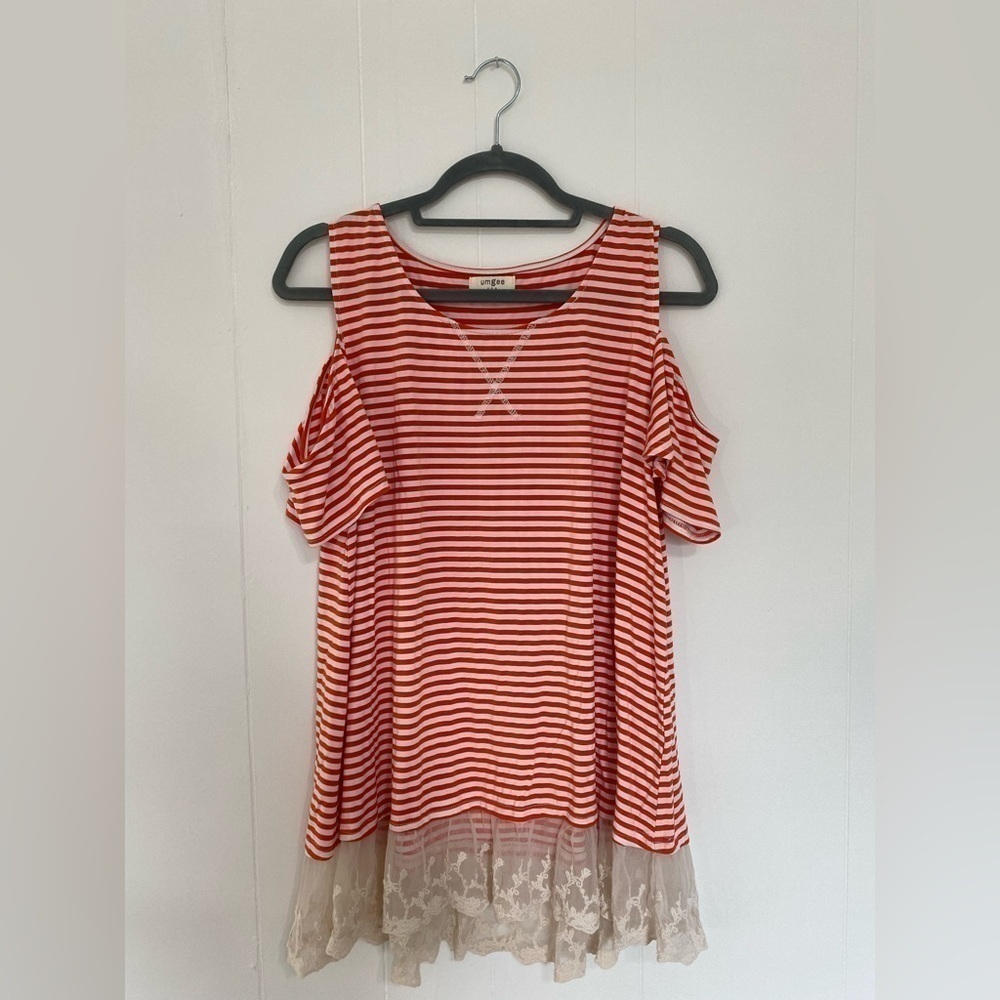Umgee Womens Scoop Neck Cold Shoulder Sleeve Pink & White Stripe Top Wit… - Picture 2 of 6